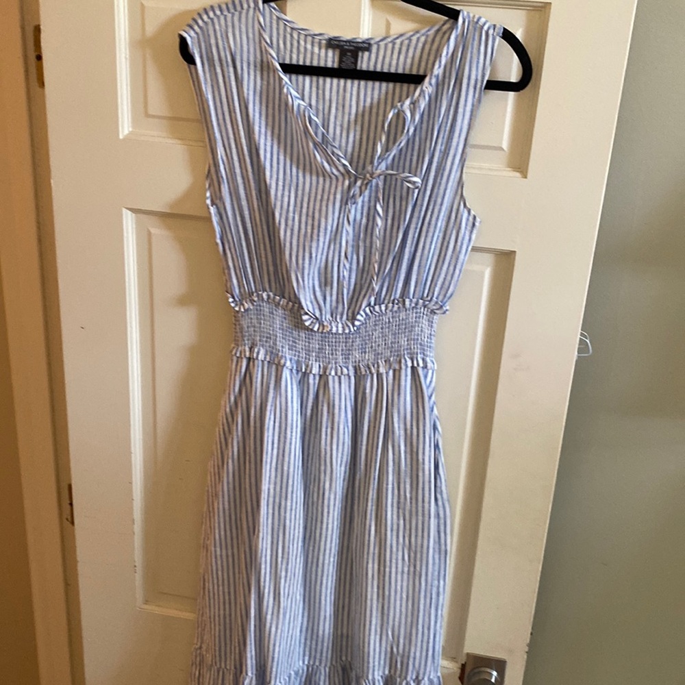 Blue and white striped linen maxi dress